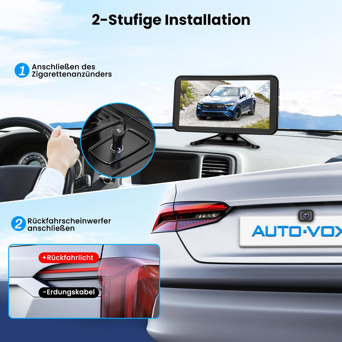 AUTO-VOX W12 draadloze achteruitrijcamera: 5” LCD 1080p draadloze achteruitrijcamera met 2 camera's, stabiel signaal, waterdicht IP69K, nachtzicht voor campers en vrachtwagens