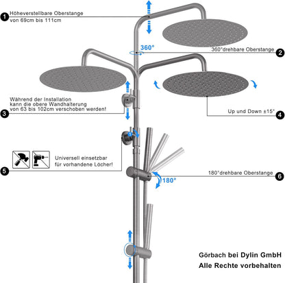 Görbach Thermostaat douchesysteem met douchearmatuur, complete set, regendouche, doucheset met roestvrijstalen douchestang, douchekop rond, diameter 25 cm, grijs