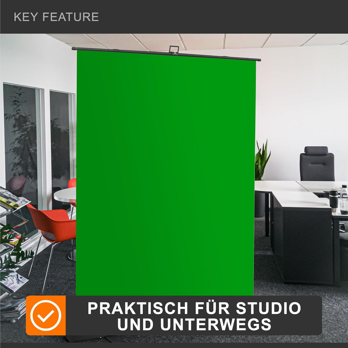 Walimex Pro Roll-Up Panel 165x220 cm green screen met standaard I draagbare, vrijstaande fotoachtergrond voor fotostudio, videochat & streaming I chromakey effect I metalen box voor stabiliteit