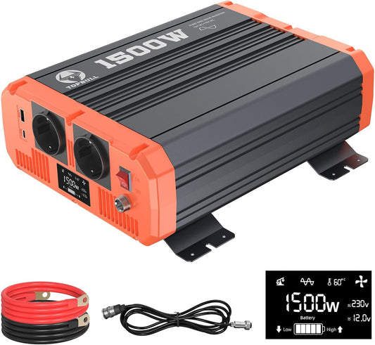 1500 watt omvormer, 12 V naar 230 V, zuivere sinus, spanningsomvormer, auto-netprioriteitsschakeling, met lcd-display en 1 USB 1 Type-C uitgang, 2 AC-stopcontacten, inverter voor huishoudelijke
