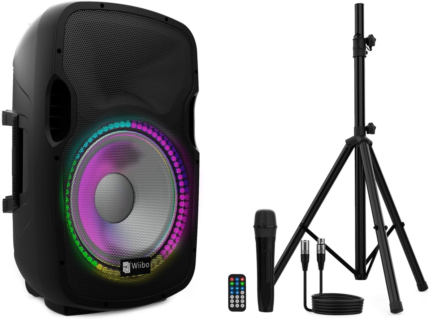 Actieve luidspreker – PA speaker – Bluetooth speaker – Party speaker – Feestspeaker – 15 inch 600W piek – Inclusief microfoon, standaard en RGB ledverlichting