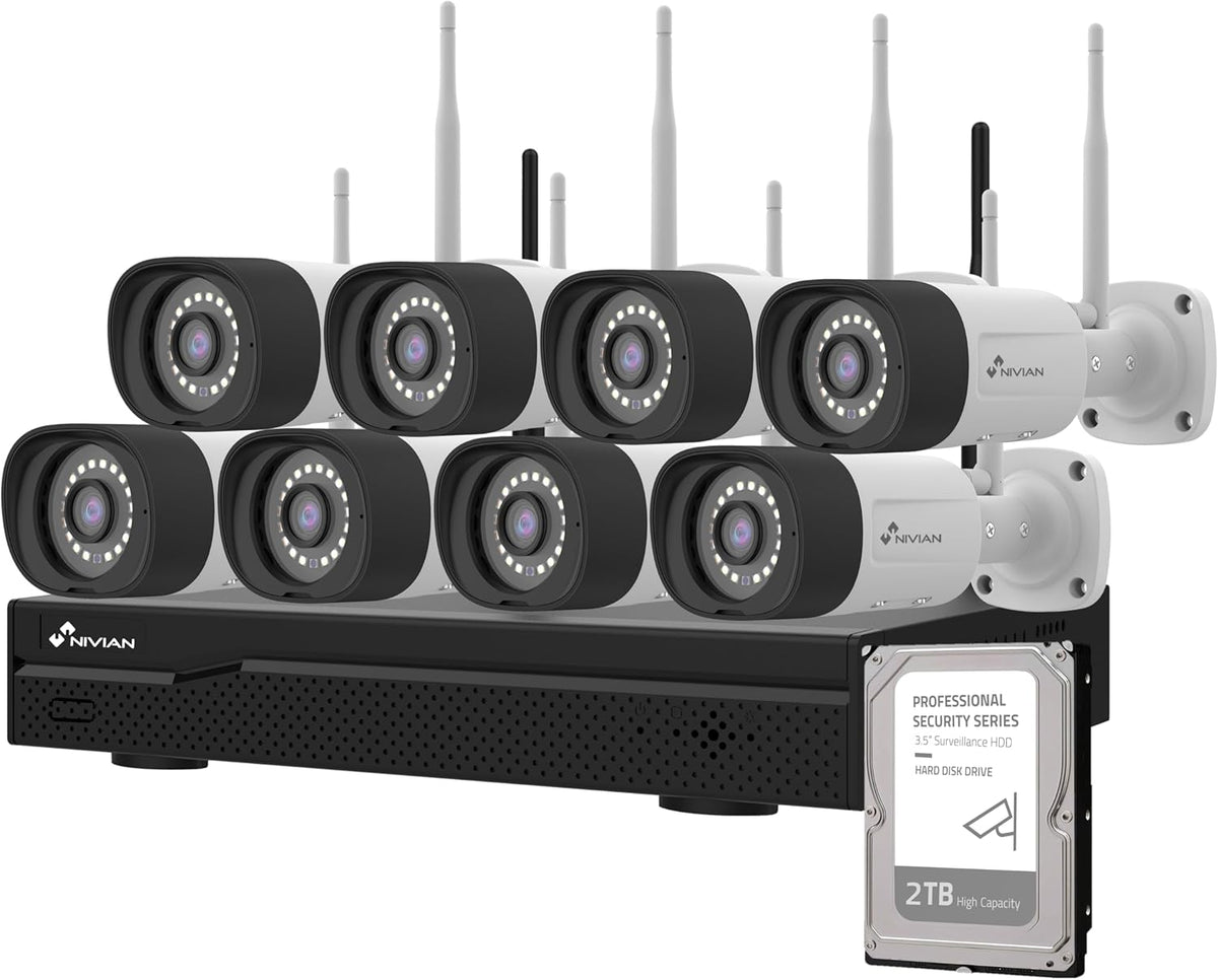 NIVIAN Professionele WLAN-bewakingscameraset, SuperHD met 8 IP-camera's en recorder met harde schijf, 16 kanalen, voor thuis en bedrijf, nachtzicht, menselijke detectie IA, bidirectionele audio