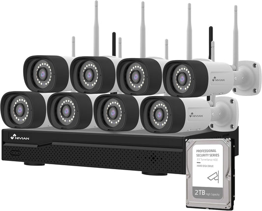 NIVIAN Professionele WLAN-bewakingscameraset, SuperHD met 8 IP-camera's en recorder met harde schijf, 16 kanalen, voor thuis en bedrijf, nachtzicht, menselijke detectie IA, bidirectionele audio