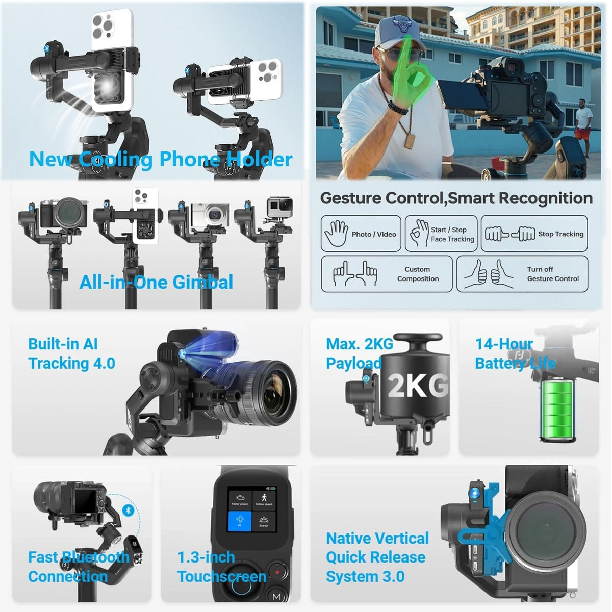 FeiyuTech SCORP MINI 3 Kit – All-in-One Gimbal met AI-Tracking, 2 kg draagvermogen, 1,3" touchscreen & Cooling Phone Clamp – Voor Vlogs, YouTube, TikTok & Camera/Smartphone/Action Cam