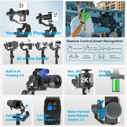 FeiyuTech SCORP MINI 3 Kit – All-in-One Gimbal met AI-Tracking, 2 kg draagvermogen, 1,3" touchscreen & Cooling Phone Clamp – Voor Vlogs, YouTube, TikTok & Camera/Smartphone/Action Cam
