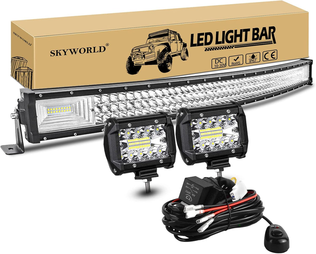 SKYWORLD 107 cm 540W gebogen led-lichtbalk, 2 stuks 4 inch 60W led-werklamp met 1 stuks 12V kabelboomset, rijverlichting mistlamp waterdicht led light bar voor auto off-road trekkers suv 4x4