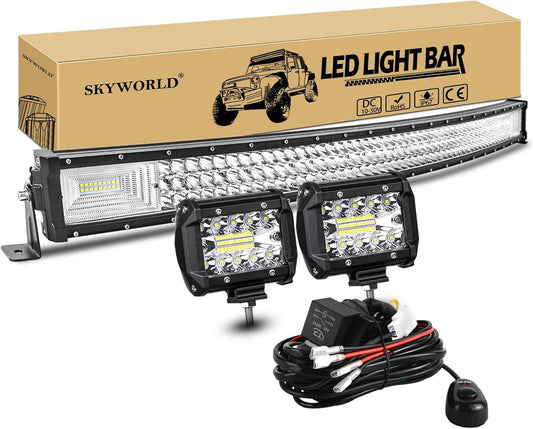 SKYWORLD 107 cm 540W gebogen led-lichtbalk, 2 stuks 4 inch 60W led-werklamp met 1 stuks 12V kabelboomset, rijverlichting mistlamp waterdicht led light bar voor auto off-road trekkers suv 4x4
