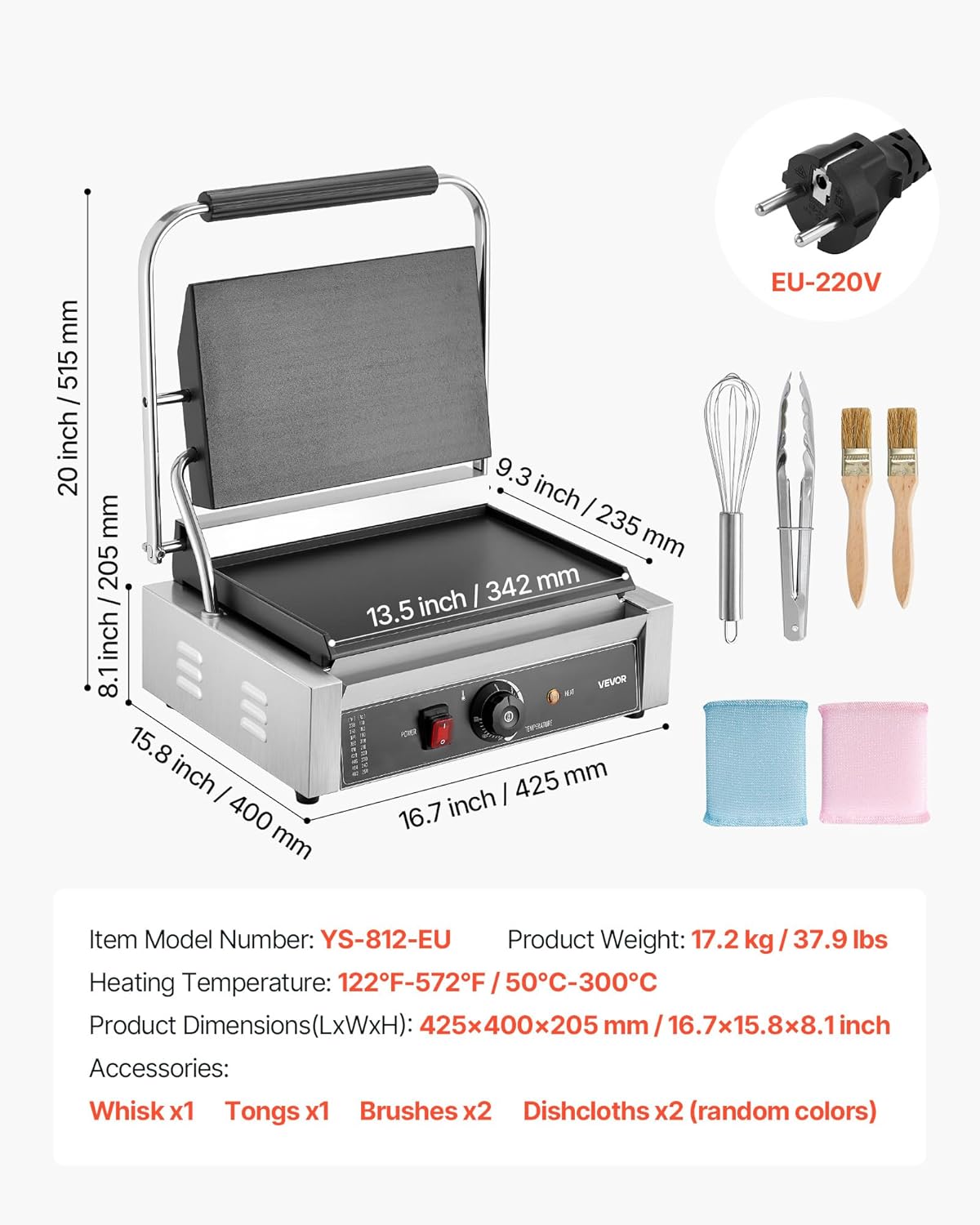 VEVOR Panini-elektrische grill voor panini, 2200 W, platte geëmailleerde plaat, 34,2 x 23,5 cm, sandwich van roestvrij staal, handgreep met temperatuurregeling