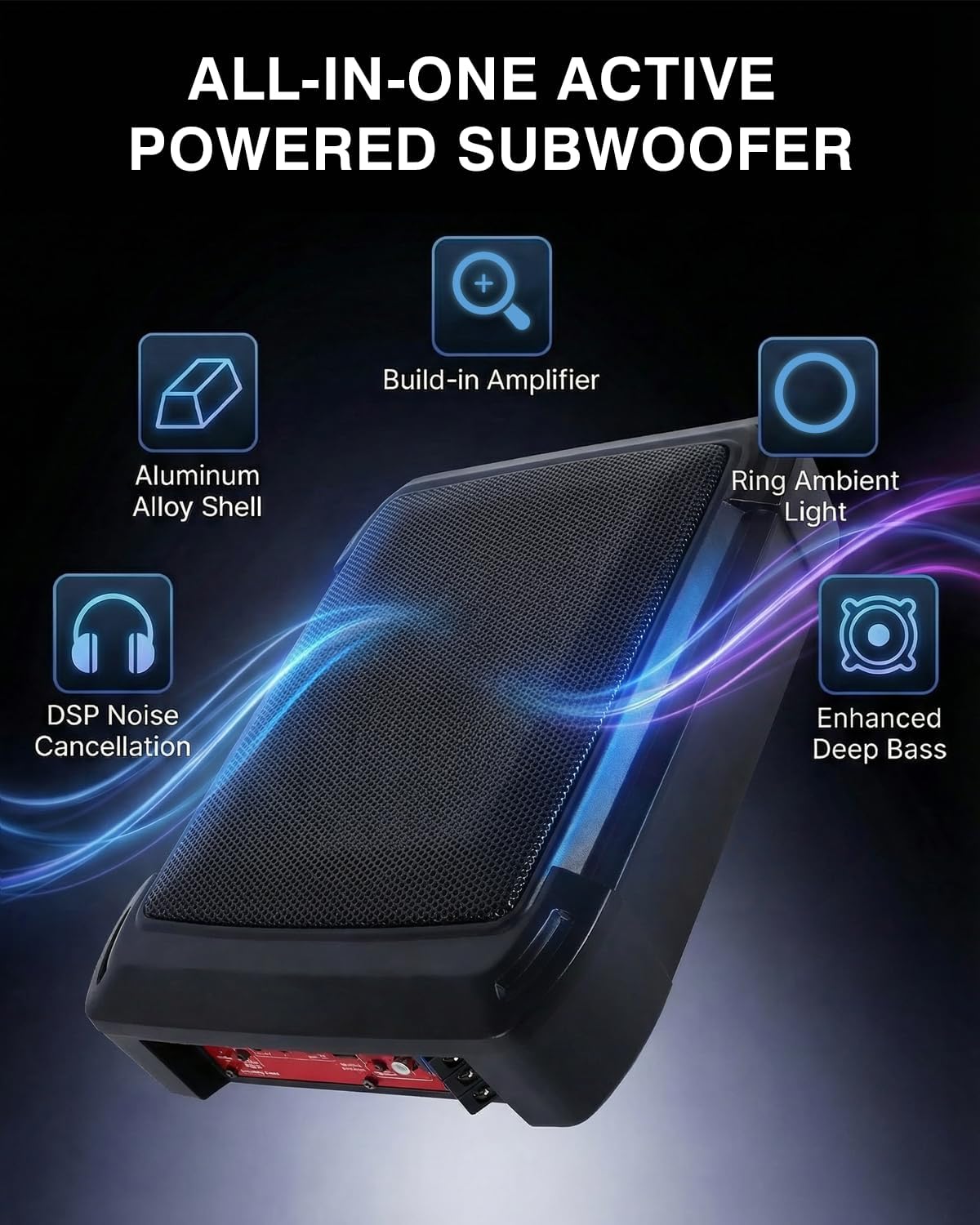 Ultraflache auto-subwoofer, geschikt voor auto/vrachtwagen, met geïntegreerde versterker, te monteren onder de stoelen, maximale vermogen 1000 W, compacte subwoofer.