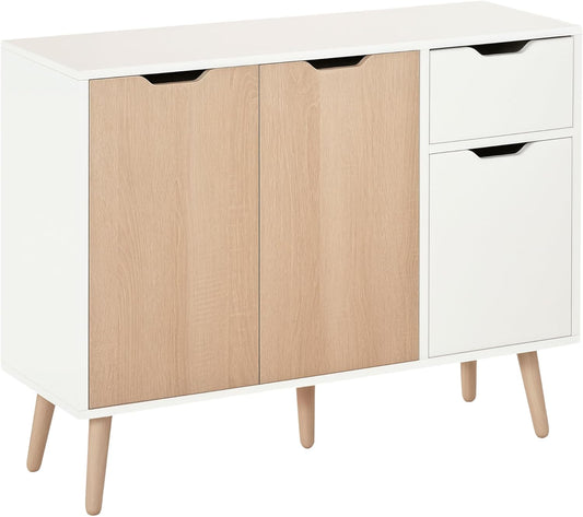 HOMCOM Dresser with Cabinet and Drawers Chest of Drawers Bedside Side Cabinet in Scandinavian Design Lots of Storage Space MDF Chipboard White + Natural 90 x 30 x 72 cm - QUORE