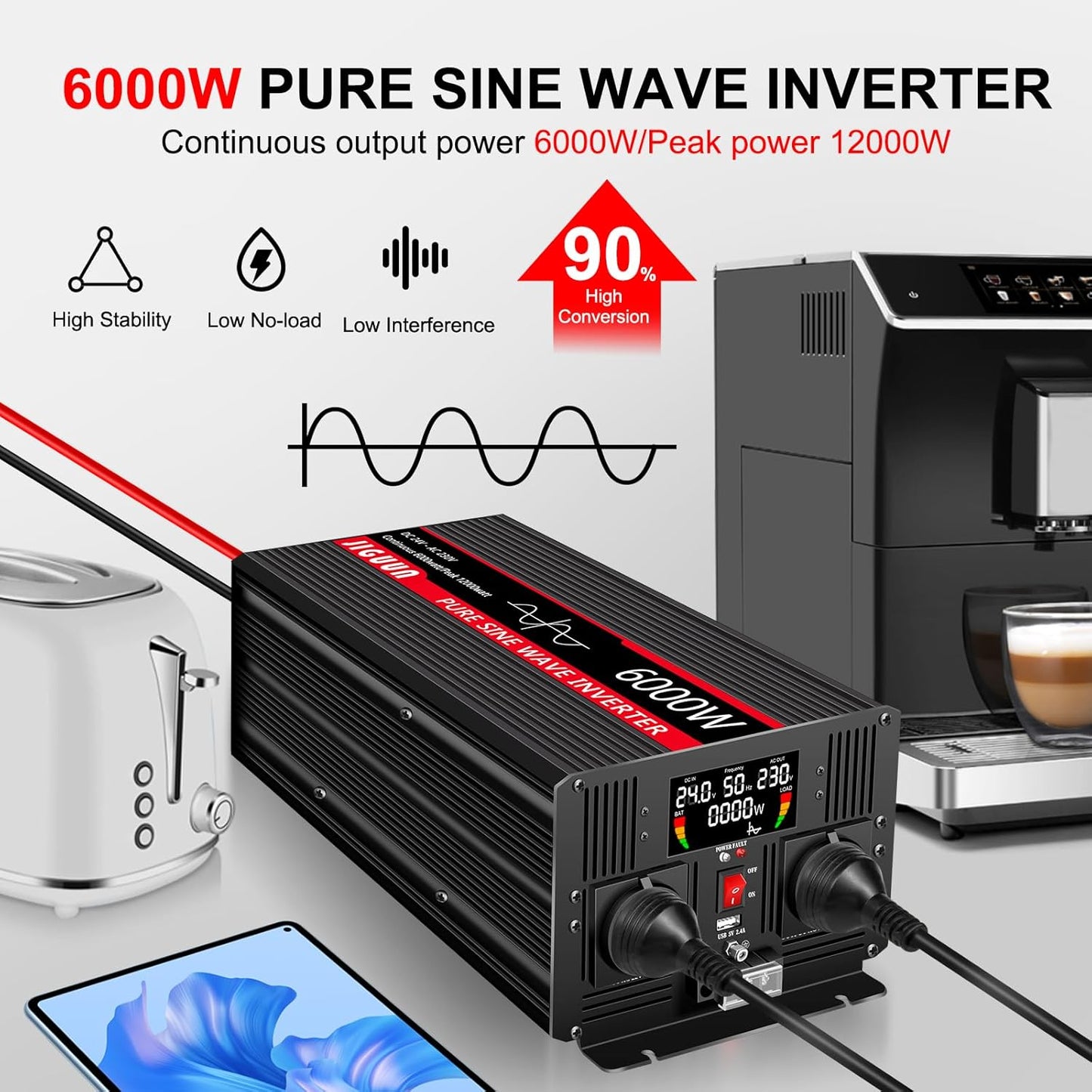 JIGUUN 6000W/12000W omvormer 24V naar 230V zuivere sinus power inverter met draadloze afstandsbediening LCD-scherm 2 Eu-stopcontact & 1 USB-poort voor auto, camping, reizen,noodgeval