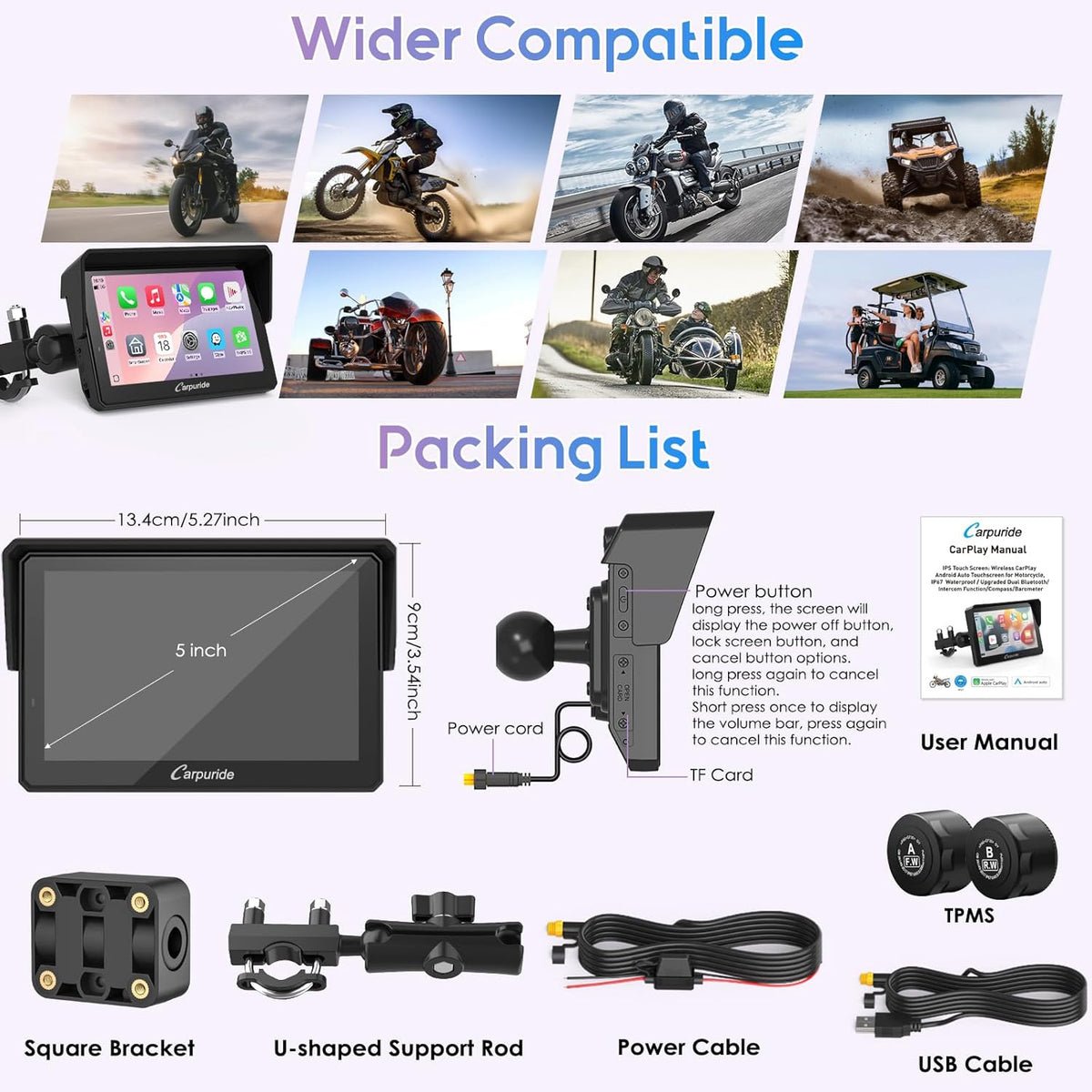 GPS-navigatiescherm motorfiets – Motorfiets navigatie – Motor GPS – Motorfiets display – Motorfiets scherm – 5" Waterdicht Touchscreen – Draadloze CarPlay & Android Auto