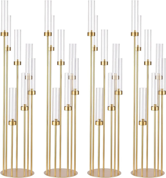Gouden Vloerkandelaar – Vloerkandelaar Set – Kandelaar 7-Armig – Staande Kandelaar – Feestkandelaar – Hoogte 118 cm – Metalen Kandelaar Met Acrylkapjes