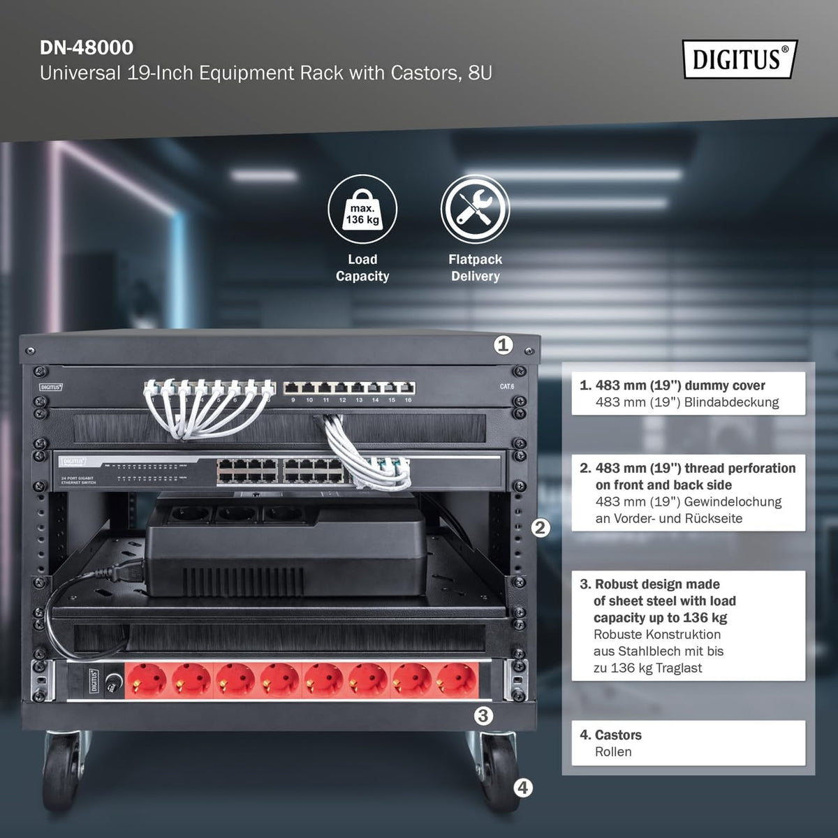 DIGITUS DN-48000 - Audiorek - 19-inch - 8U - Universeel apparatuurrek - Voor audio-video accessoires - Niet gemonteerd - Max. belasting 136 kg - Met wielen - Zwart