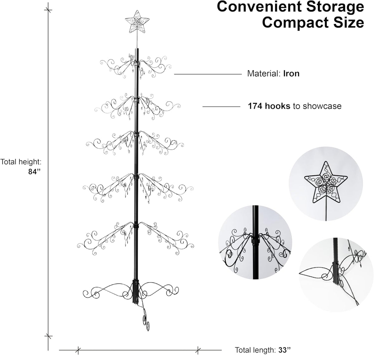Metalen Decoratieboom – Ornamentenstandaard – Ornament Display Boom Stand – Kersthanger Houder – Decoratiestandaard – 213 Cm Hoog – 174 Haken – Zwart
