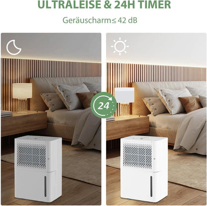 FANTASK 12L/dag luchtontvochtiger, kamergrootte ca. 15 m², elektrische ontvochtiger met 3 modi, waterreservoir van 2,2 liter, 24-uurs timer, ≤ 42 dB, automatisch ontdooien en uitschakelen, wit