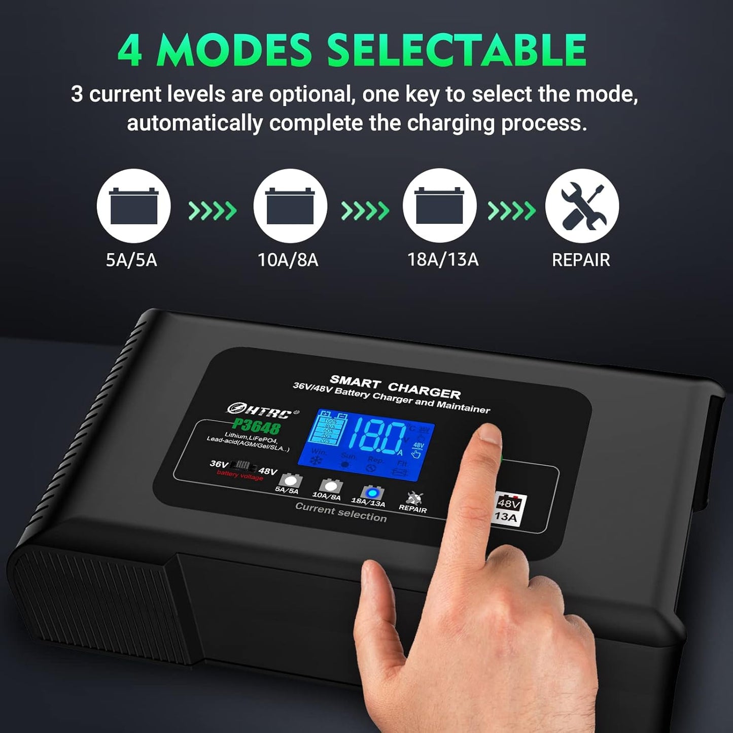 Acculader 36V/48V – Batterijlader – Accuoplader – Snellader – Oplader Auto & Motor – Intelligente Snellader Met Reparatiemodus – Compatibel Met Lithium, LiFePO4 & Loodaccu’s