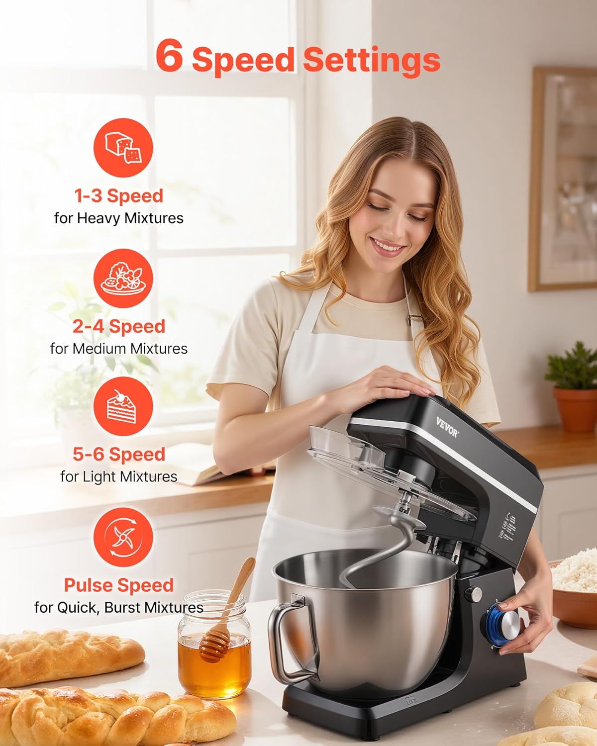 VEVOR Keukenmachine, deegmixer, 1400 W, 7,84 l, keukenmachine met kantelbare kop, roestvrijstalen kom, deeghaak, garde, schraper, huishoudelijke keukenmachine voor bakken en mixen, zwart