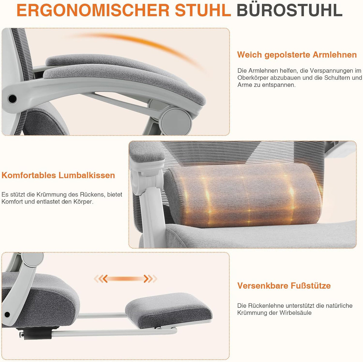 Sweetcrispy Bureau-computer-bureaustoel, gamingstoelen voor volwassenen, high-back mesh rolling draaibare rugleuningstoelen met wielen, comfortabele lendensteun, comfortabele armen, grijs