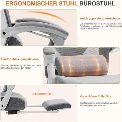 Sweetcrispy Bureau-computer-bureaustoel, gamingstoelen voor volwassenen, high-back mesh rolling draaibare rugleuningstoelen met wielen, comfortabele lendensteun, comfortabele armen, grijs