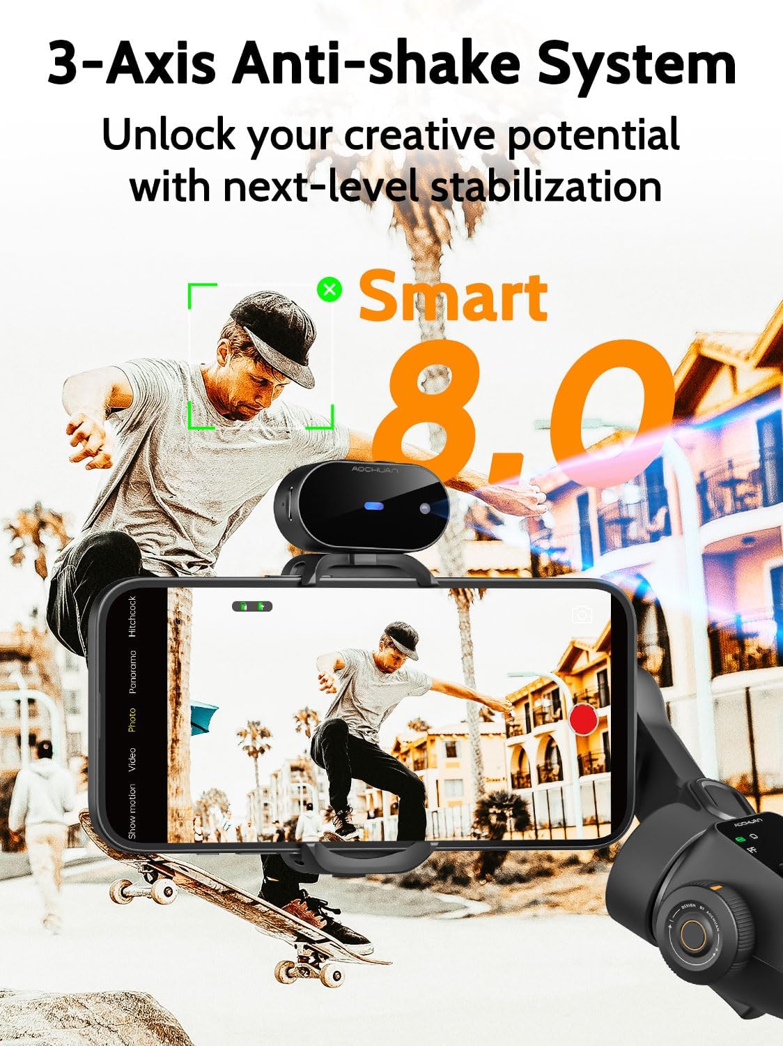 AOCHUAN 3-assige cardanische stabilisator voor iPhone en Android, GEEN APP AI-tracking, 7,8 inch ingebouwde verlengstang, telefoonstabilisator voor video-opname, OLED-display, triggerknop, sport