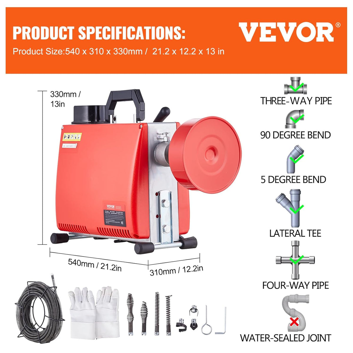 VEVOR Electric Pipe Cleaning Machine, 20 m x 16 mm, Pipe Cleaner, 250 W, Manual Power Supply, 2 Steel Cables, 20 m x 16 mm/4.6 m x 9.5 mm, CCW Control for 4-10 cm Pipes