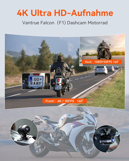 VANTRUE F1 4K + 1080P dashcam motorfiets, 5GHz WiFi GPS dashcam voor en achter, IP67, Duitse stemaanwijzingen motorcamera, 24 uur. Botsingsdetectie, Kilometerstand, WDR & HDR & App, Maximaal 512G