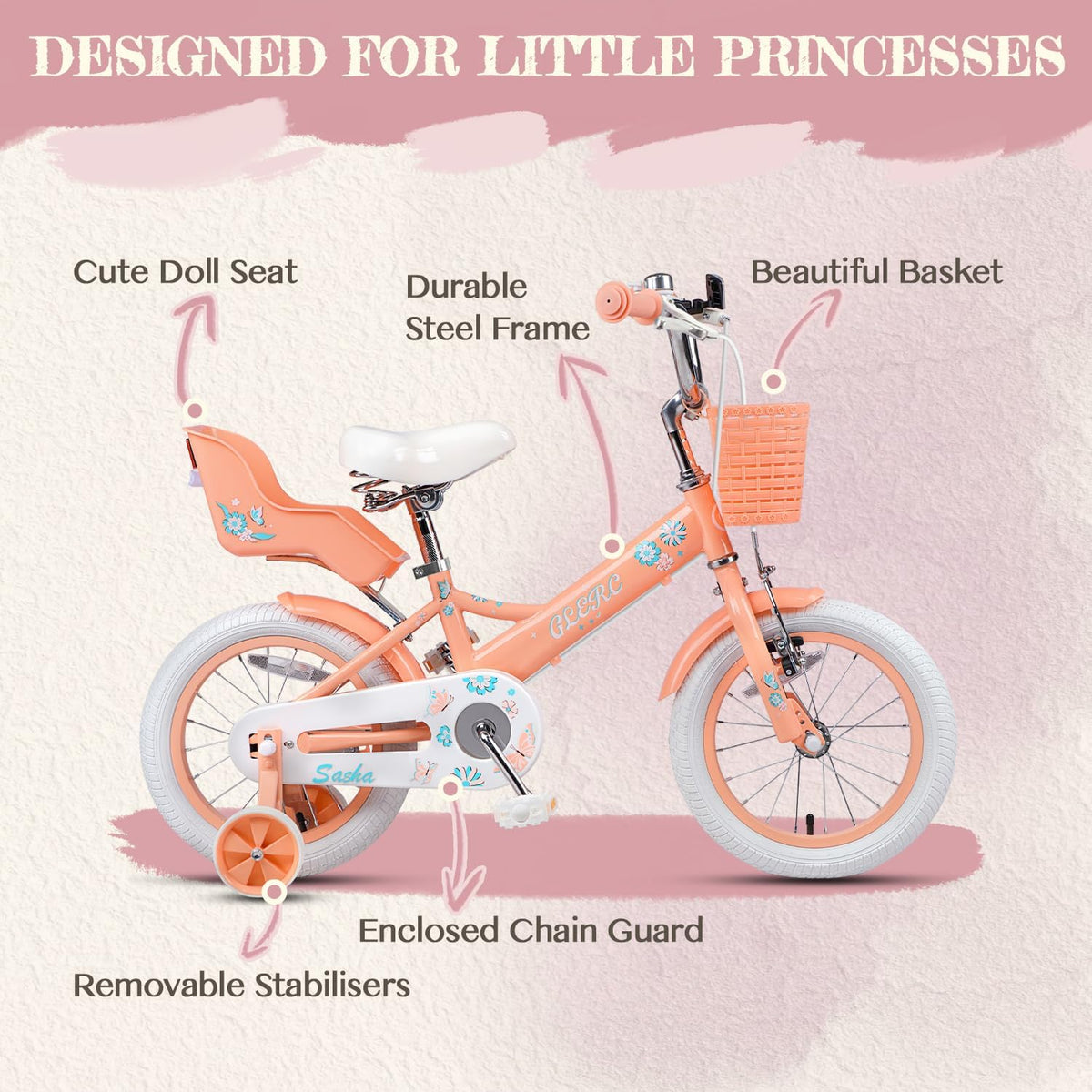 Glerc Kinderfiets voor meisjes, 30,5 - 50,8 cm (12-20 inch), voor kinderen van 2, 3, 4, 5, 6, 7, 8, 9, 10, 11, 12, 13 jaar, kinderfiets met poppenzitje, mand, steunwielen en houder, meerkleurig