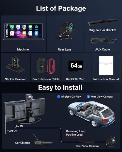 11,3 Inch Carplay Android Auto Display – Touchscreen Navigatie Scherm – Draadloze Carplay – 4K Dashcam – Draaibare 350° Camera – Dubbele Bluetooth – Inclusief 64GB TF Kaart