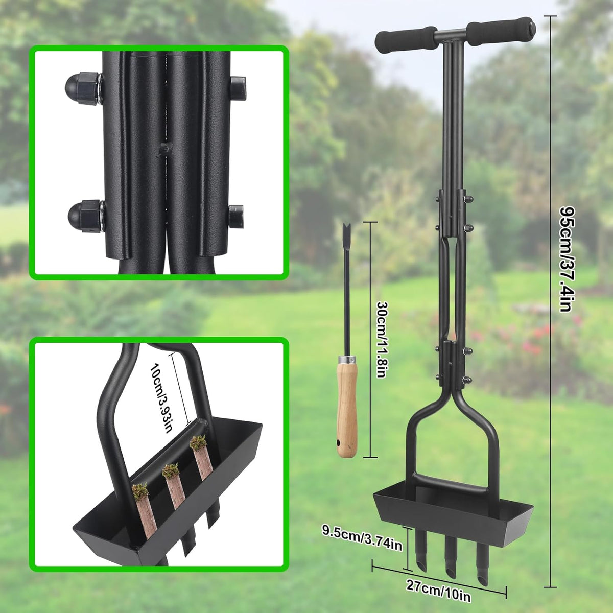 Gazonbeluchter - Verticuteerhark - Verticuteermachines - Tuinwals - Grashark - Gazongereedschap - met Bodemkern Opbergbak - Handmatige Kernbeluchter - voor Buiten - Tuin - Tuinonderhoud - 27 x 95 cm - Zwart