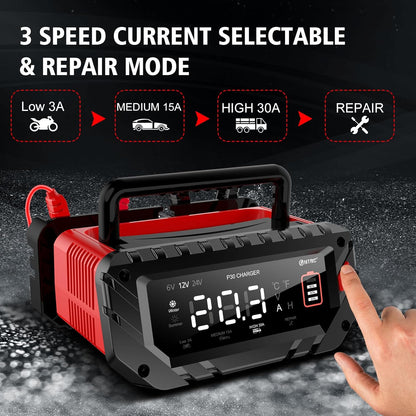 Acculader Auto – Batterijlader 12V – Auto Accu Oplader – Motorfiets Oplader – Oplader Voor Autobatterijen – 6V/12V/24V Automatische Spanning – 9-Traps Intelligente Laadfunctie Met Reparatiemodus