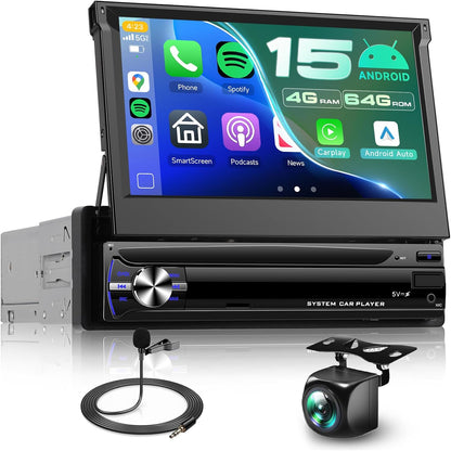 Hodozzy 4G + 64G Android autoradio 1 DIN met CarPlay, draadloos, Android, auto, HD-touchscreen, 17,8 cm (7 inch), intrekbaar display met Bluetooth, GPS, WLAN, Mirrorlink FM/RDS, radio USB/AUX camera