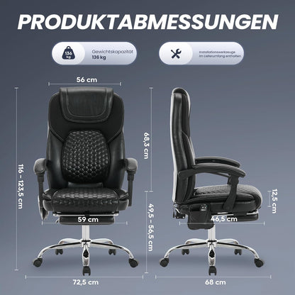 COLAMY Ergonomische managersstoel van leer met 6-punts massage en 3-traps verwarmingsfunctie, in hoogte verstelbaar, verstelbare rugleuning, uittrekbare voetensteun, kantoor en thuiskantoor, zwart