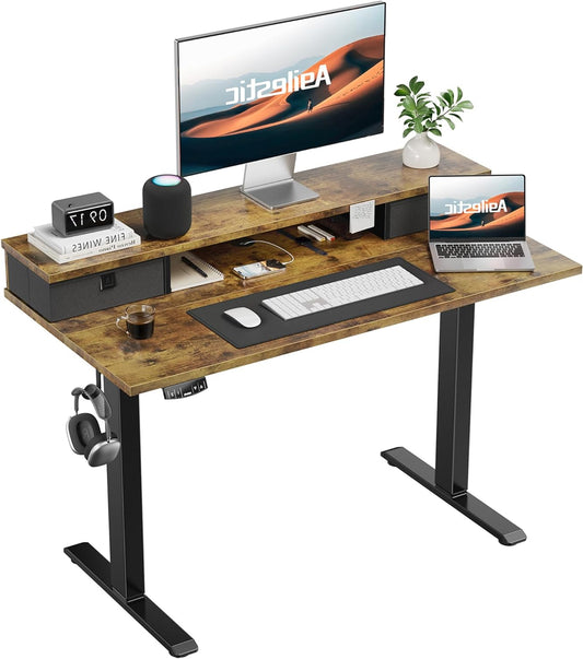 In hoogte verstelbaar bureau – Sta bureau – Elektrisch bureau – Ergonomisch bureau – Bureau met lades – 100 x 60 cm – Met 2 stofladen en stille motor