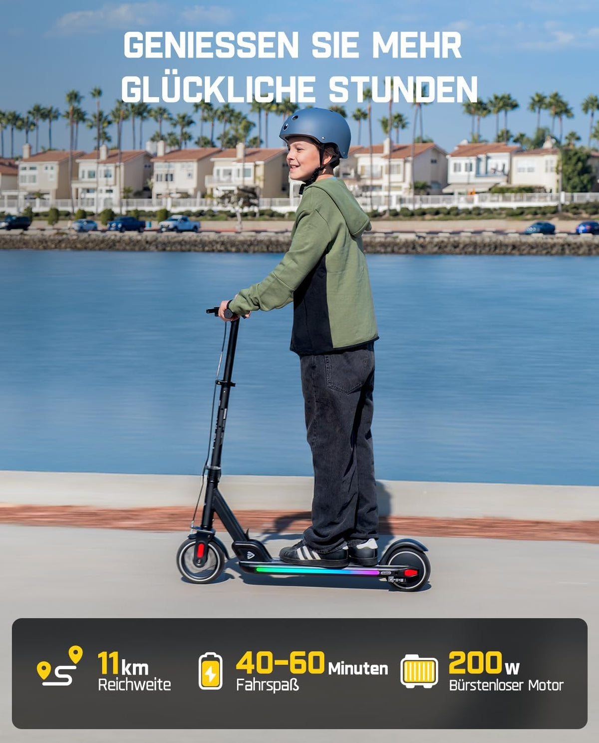 FanttikRide T9 Apex Elektrische step voor kinderen, 1,3-1,7 m, 200 W motor, led-kleurlicht, bluetooth-muziek, 12/16/20 km/u digitaal display, in hoogte verstelbaar, opvouwbaar, tot 40 minuten, zwart