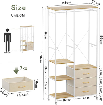 Kledingrek – Garderoberek – Open Kast – Kledinghouder – Kledingwagen Beige – Stalen Frame – 3 Lades Met Wieltjes En Haken