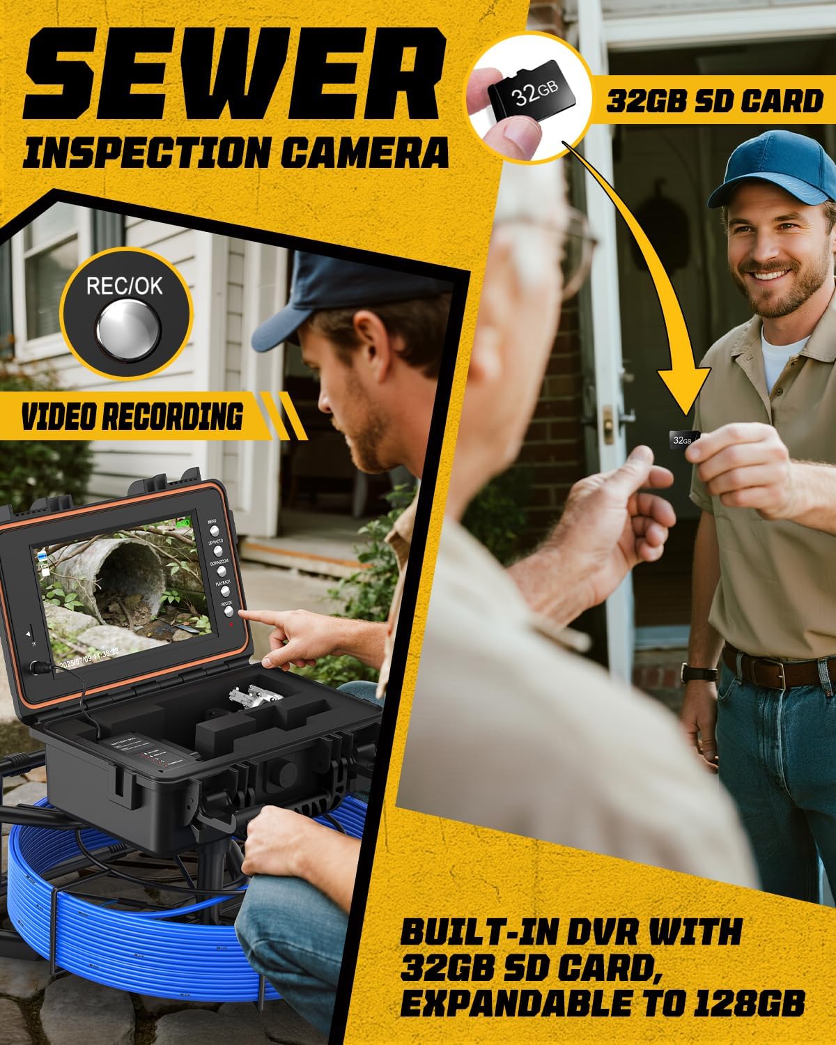 Anysun Inspectiecamera met zelfnivellering, 1080P, endoscoopcamera, waterdicht, IP68, 23 mm, IPS-display, 7 mm kabel met metrische markeringen, 5100 mAh, loodgieter-inspectie-gereedschap (50 m)
