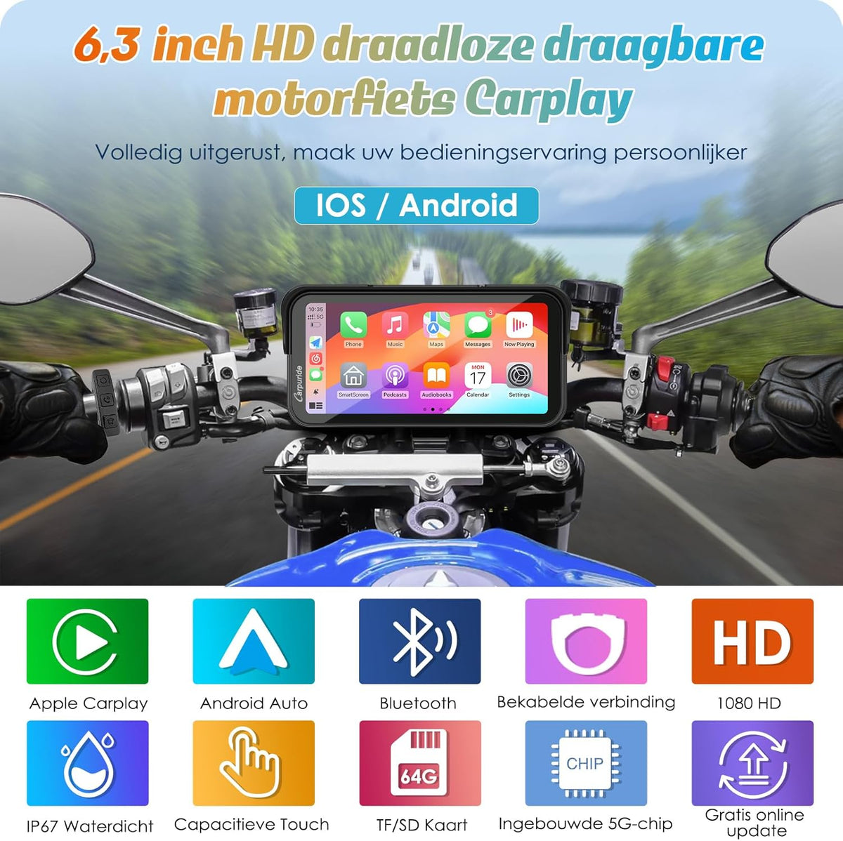 Motorfiets GPS – Motornavigatie – Navigatiesysteem – Moto GPS – Motorfiets Navigatie – 6,3 Inch HD Touchscreen – Draadloos CarPlay & Android Auto
