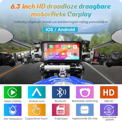 Motorfiets GPS – Motornavigatie – Navigatiesysteem – Moto GPS – Motorfiets Navigatie – 6,3 Inch HD Touchscreen – Draadloos CarPlay & Android Auto