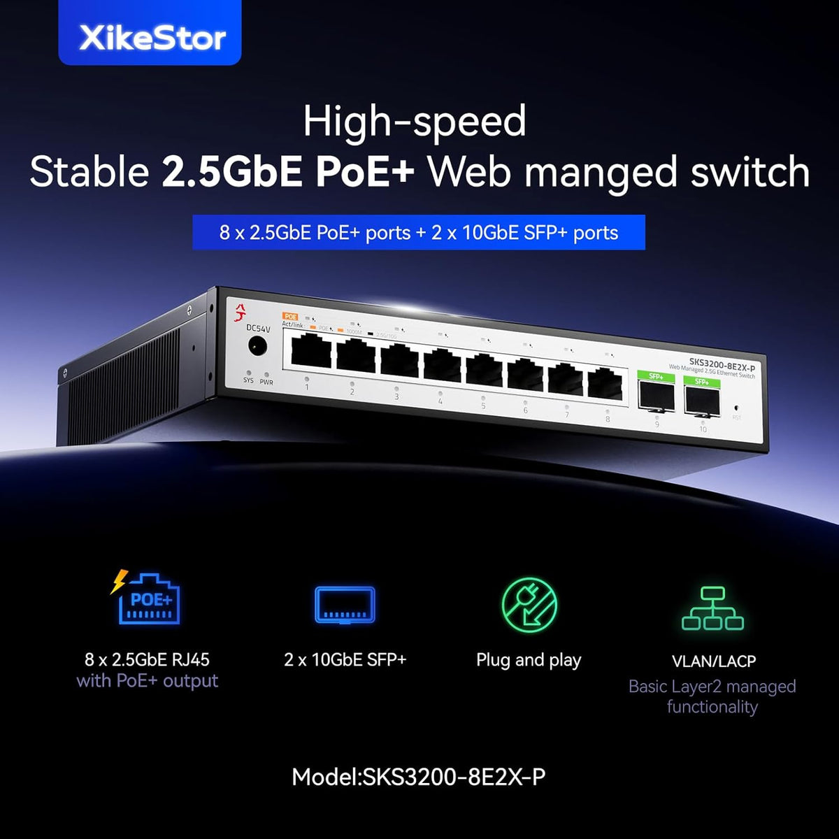 8-Port 2.5G Unmanaged PoE+ Ethernet Switch, IEEE 802.3af/at PoE 100W, Fanless 2.5Gb Netzwerk-Switch für AP, VoIP-Telefon, IP-Kamera, NVR