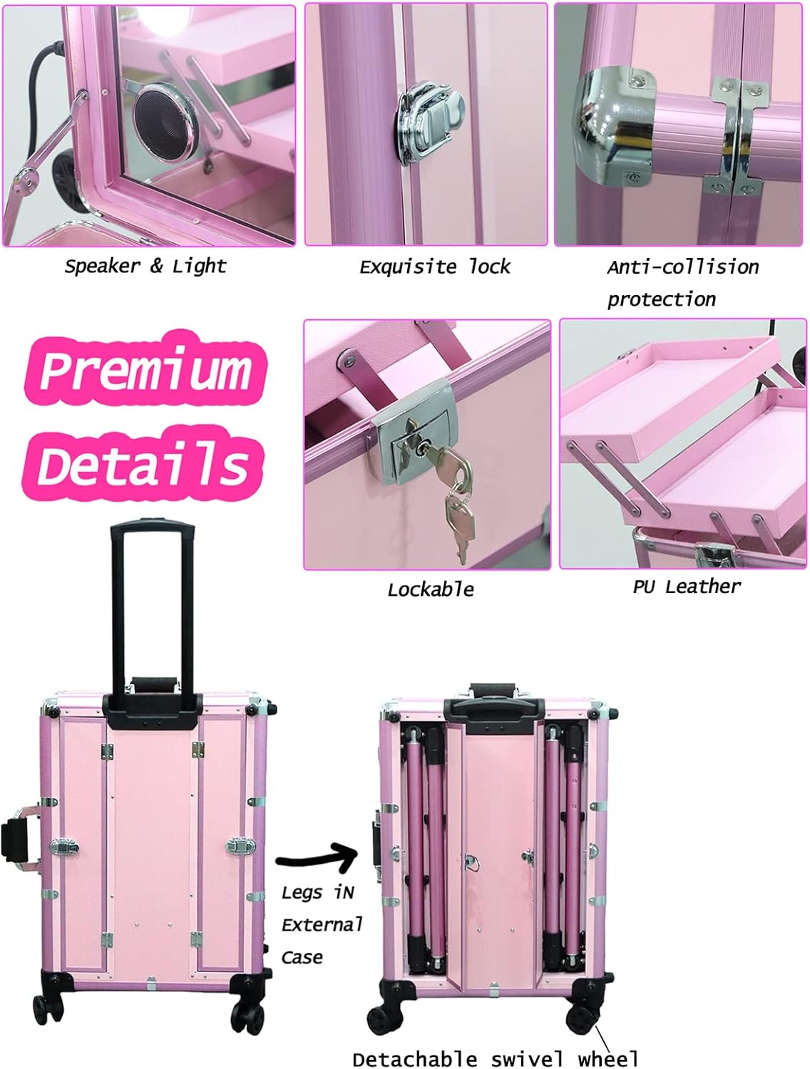 EBANKU Professionele Make-upkoffer, Rolling Makeup Travel Case Trolley Cosmetic Case met Verlichte Spiegel en Bluetooth, Multifunction Artist Cosmetic Case Hairdressing Trolley(Roze)