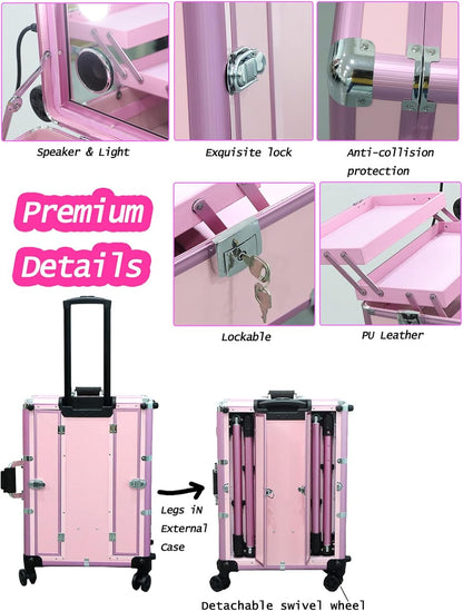 EBANKU Professionele Make-upkoffer, Rolling Makeup Travel Case Trolley Cosmetic Case met Verlichte Spiegel en Bluetooth, Multifunction Artist Cosmetic Case Hairdressing Trolley(Roze)