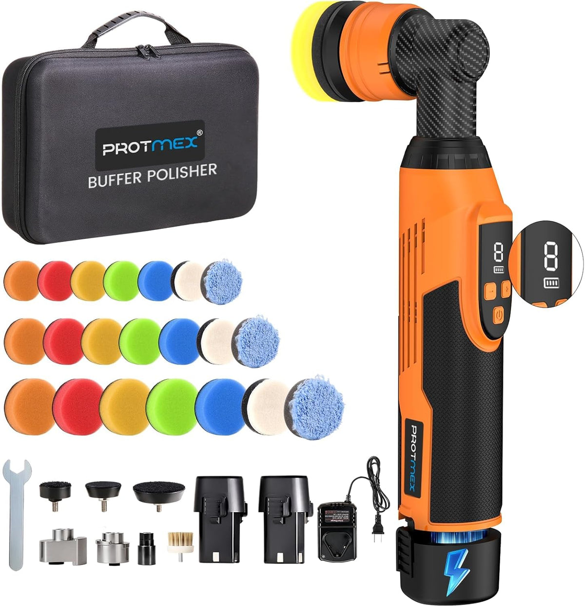 Protmex Cordless Car Polisher - 1.2/1.6/2 Inch Mini Polisher, 8 Speeds 2500-6000RPM Mini Buffer with 22 Pads, 12V Rotary & Dual Action Car Polisher Buffer for Car Motorcycle Detailing Polishing Waxing