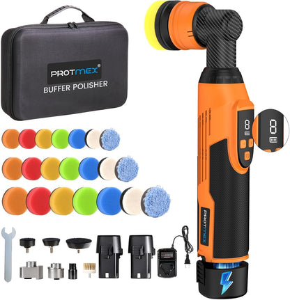Protmex Cordless Car Polisher - 1.2/1.6/2 Inch Mini Polisher, 8 Speeds 2500-6000RPM Mini Buffer with 22 Pads, 12V Rotary & Dual Action Car Polisher Buffer for Car Motorcycle Detailing Polishing Waxing
