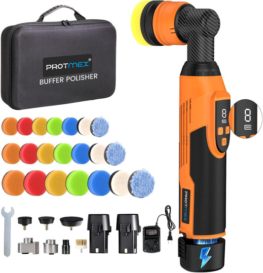 Protmex Cordless Car Polisher - 1.2/1.6/2 Inch Mini Polisher, 8 Speeds 2500-6000RPM Mini Buffer with 22 Pads, 12V Rotary & Dual Action Car Polisher Buffer for Car Motorcycle Detailing Polishing Waxing