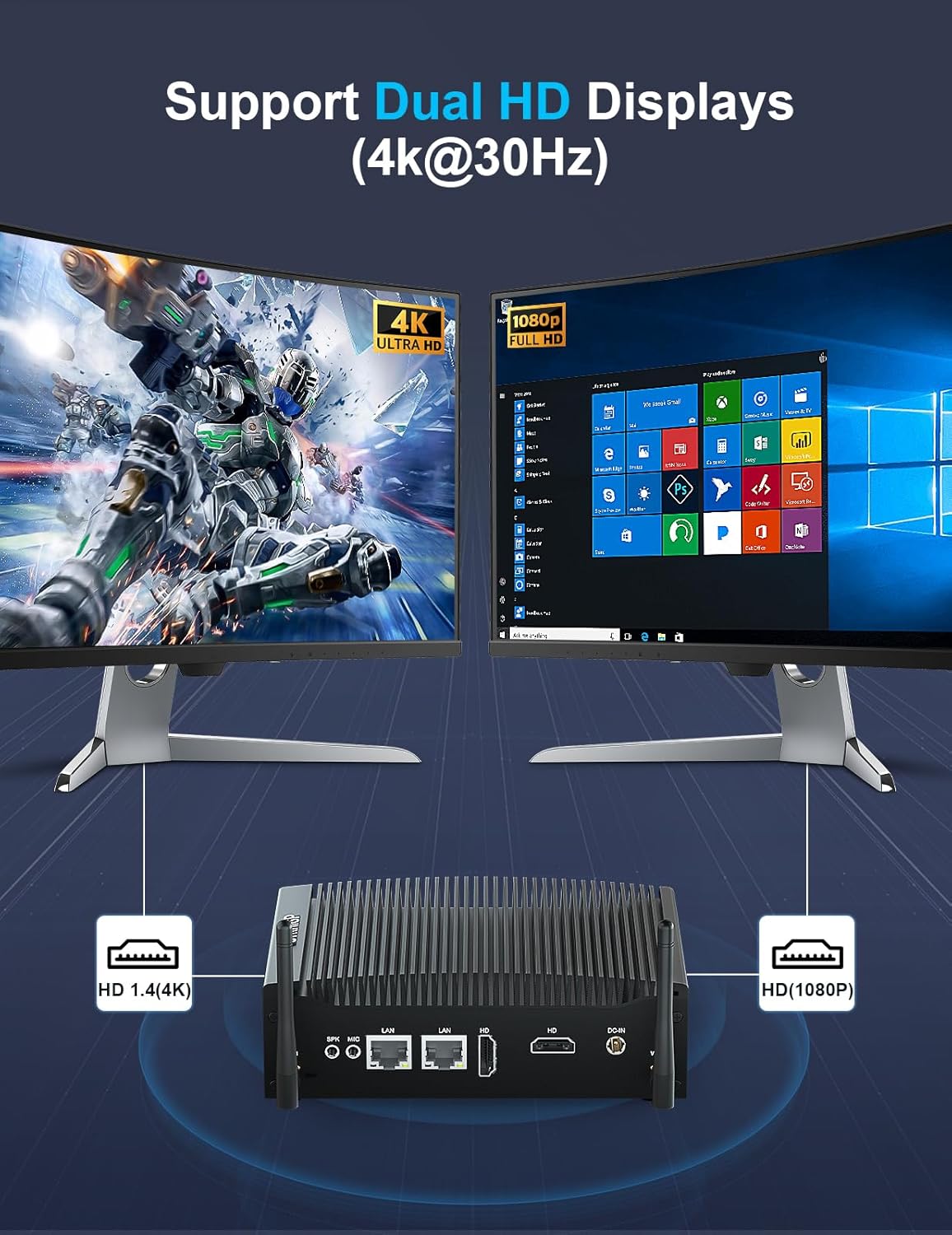 Baieyu Mini Industriële Fanless Desktop Computer Core i5-7300U 2.6-3.5GHz Mini PC Voorgeïnstalleerd Windows 10 Pro 16GB RAM DDR4 512GB SSD, 2×HD, 2×RS232 COM, 4×USB 3.0, 4×USB 2.0, Auto Power On