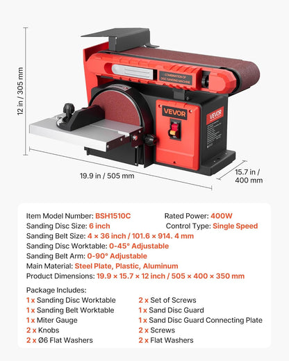 VEVOR 6 inch disc sander and 4 x 36 inch belt sander, 400 W professional pulley sander, combo with 0-45° adjustable work table and woodworking dust collection port