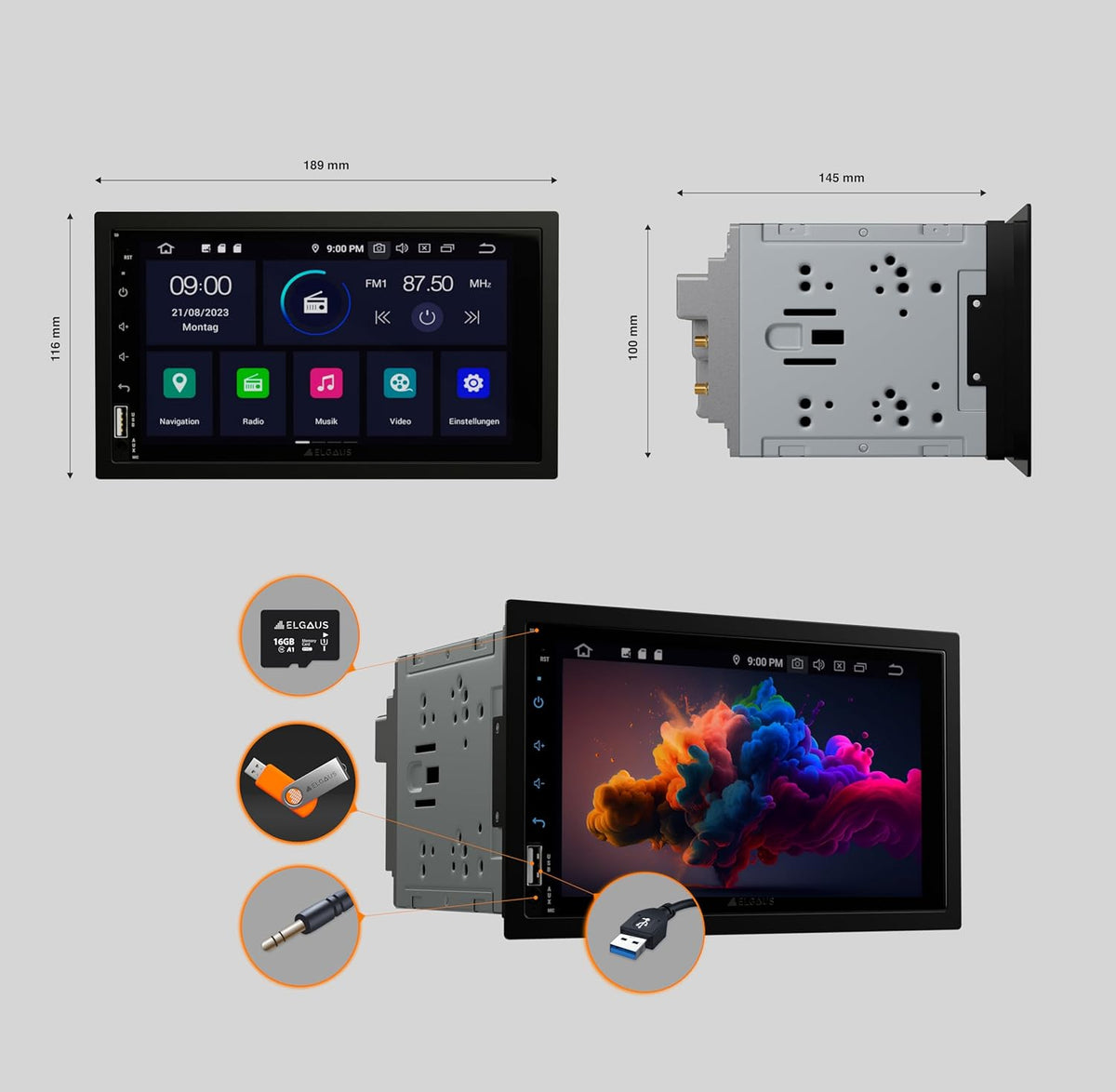 ES-A720, universele 2 DIN Android 12 autoradio, CarPlay, Android Auto, DAB+, 2GB RAM, 32GB ROM, WLAN, OBD2, Bluetooth, (ES-A720)