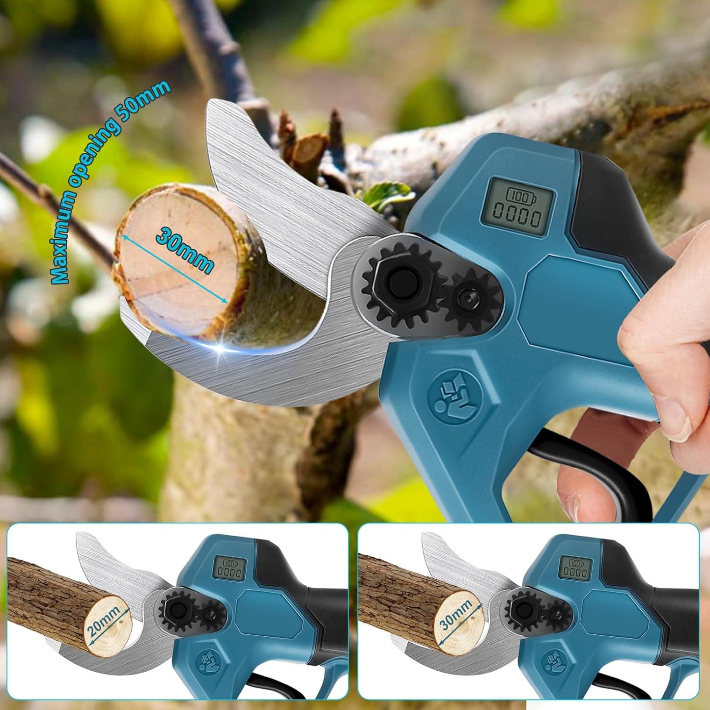 Accutakkenschaar met 2 m telescoopstang en 2 x 1500 m Ah accu, borstelloze elektrische snoeischaar met 2 versnellingen, 30 mm snijdiameter, slijpsteen en reservemesjes