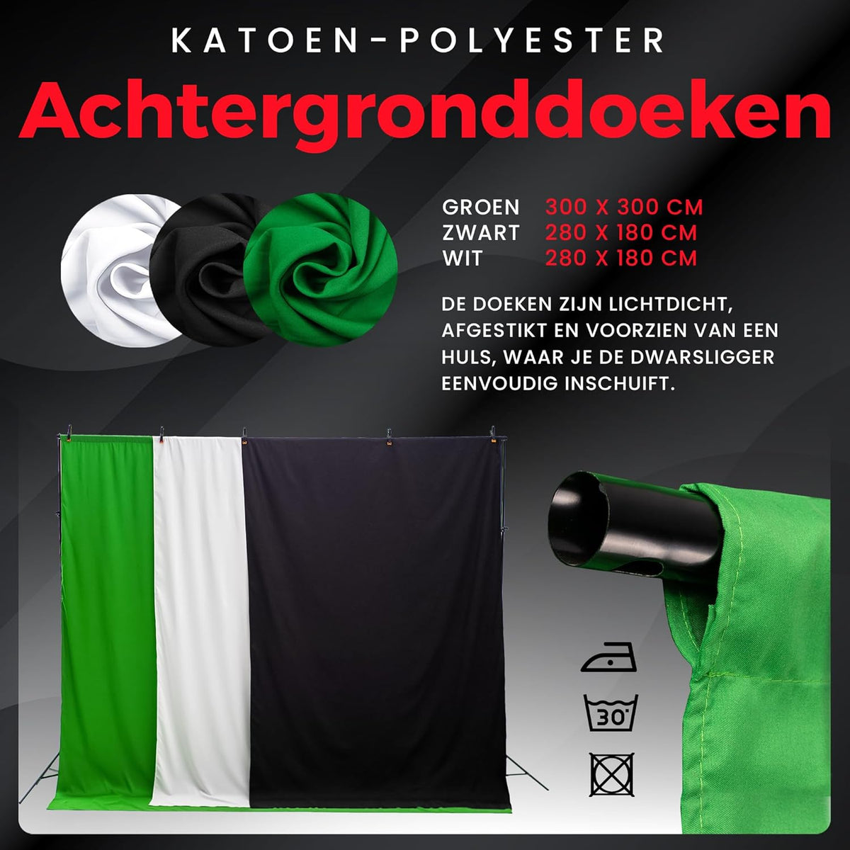 Green screen (3 x 3 m) met Achtergrondsysteem (3 x 2,6 m) - Fotostudio Set - Inc.Wit en Zwart achtergronddoek, Softbox, Paraplu’s, Lamphouders, LED lampen, Reflectiescherm & Draagtas